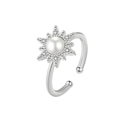Cubic Zirconia and Pearl Silver-Plated Rotating Flower Open Ring, silver statement rings for women, side view