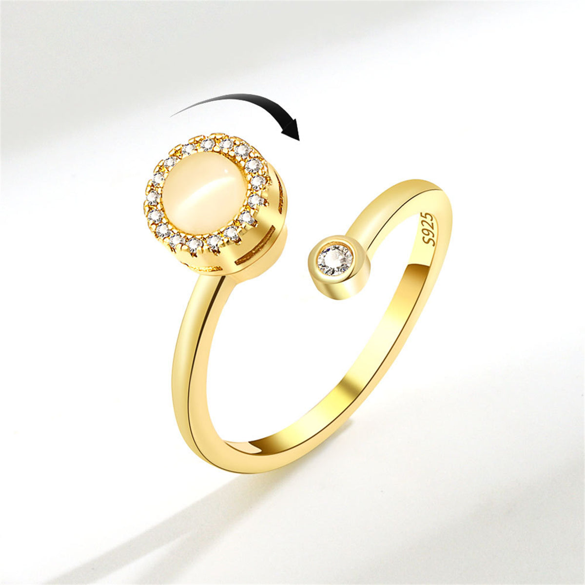 Cats Eye & Cubic Zirconia 18K Gold-Plated Rotating Round Bypass Ring