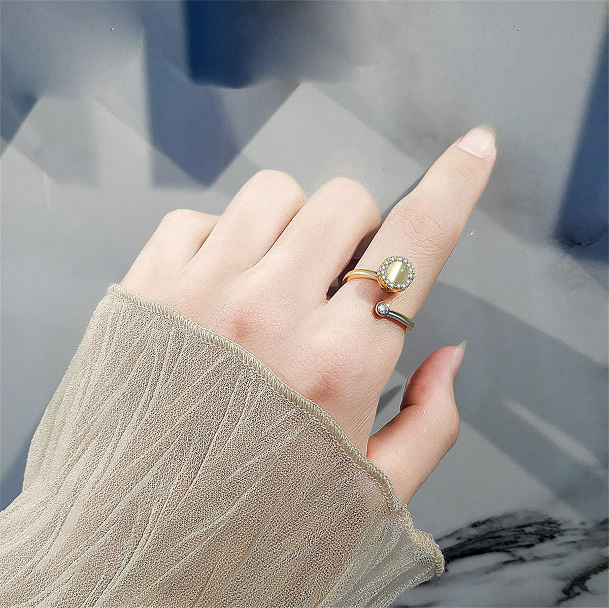 Cats Eye & Cubic Zirconia 18K Gold-Plated Rotating Round Bypass Ring