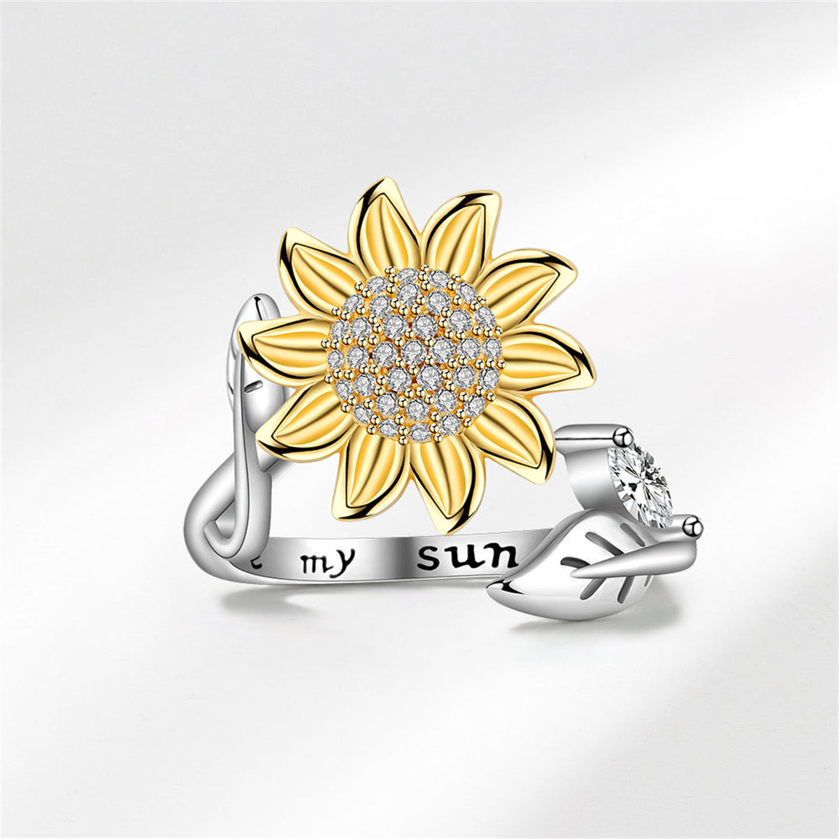 Cubic Zirconia and Two Tone Rotatable Sunflower Bypass Ring, statement rings for women, everyday style, front view