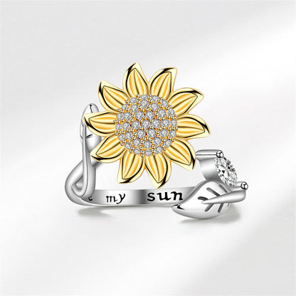 Cubic Zirconia and Two Tone Rotatable Sunflower Bypass Ring, statement rings for women, everyday style, front view