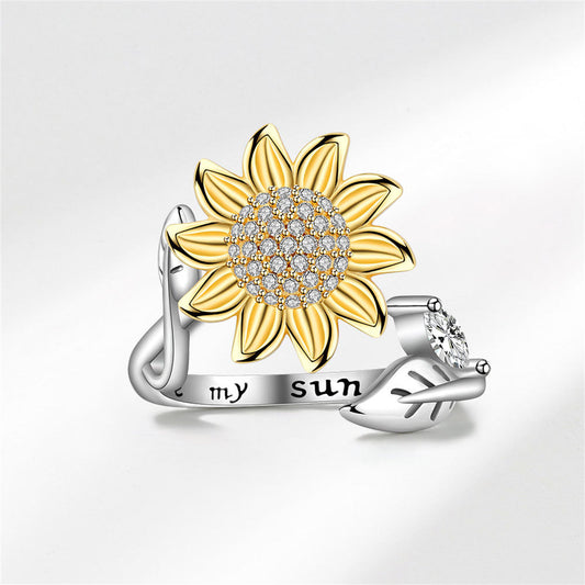 Cubic Zirconia and Two Tone Rotatable Sunflower Bypass Ring, statement rings for women, everyday style, front view