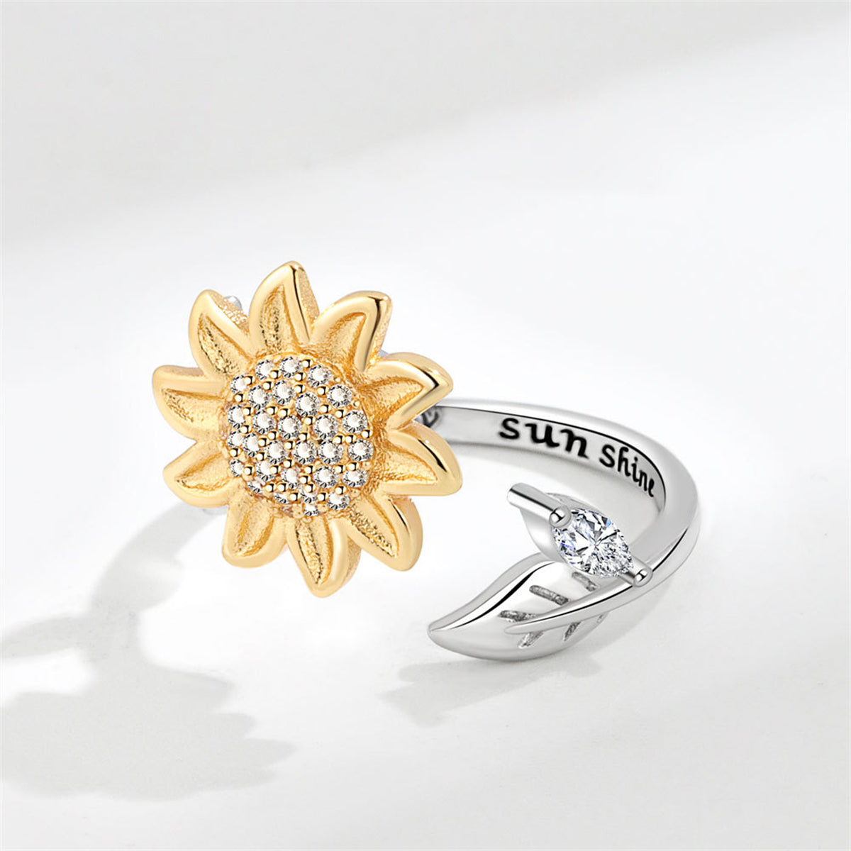 Cubic Zirconia and Two Tone Rotatable Sunflower Bypass Ring, statement rings for women, everyday style, detail close-up