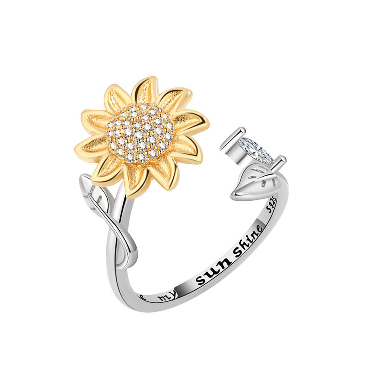 Cubic Zirconia and Two Tone Rotatable Sunflower Bypass Ring, statement rings for women, everyday style, side view