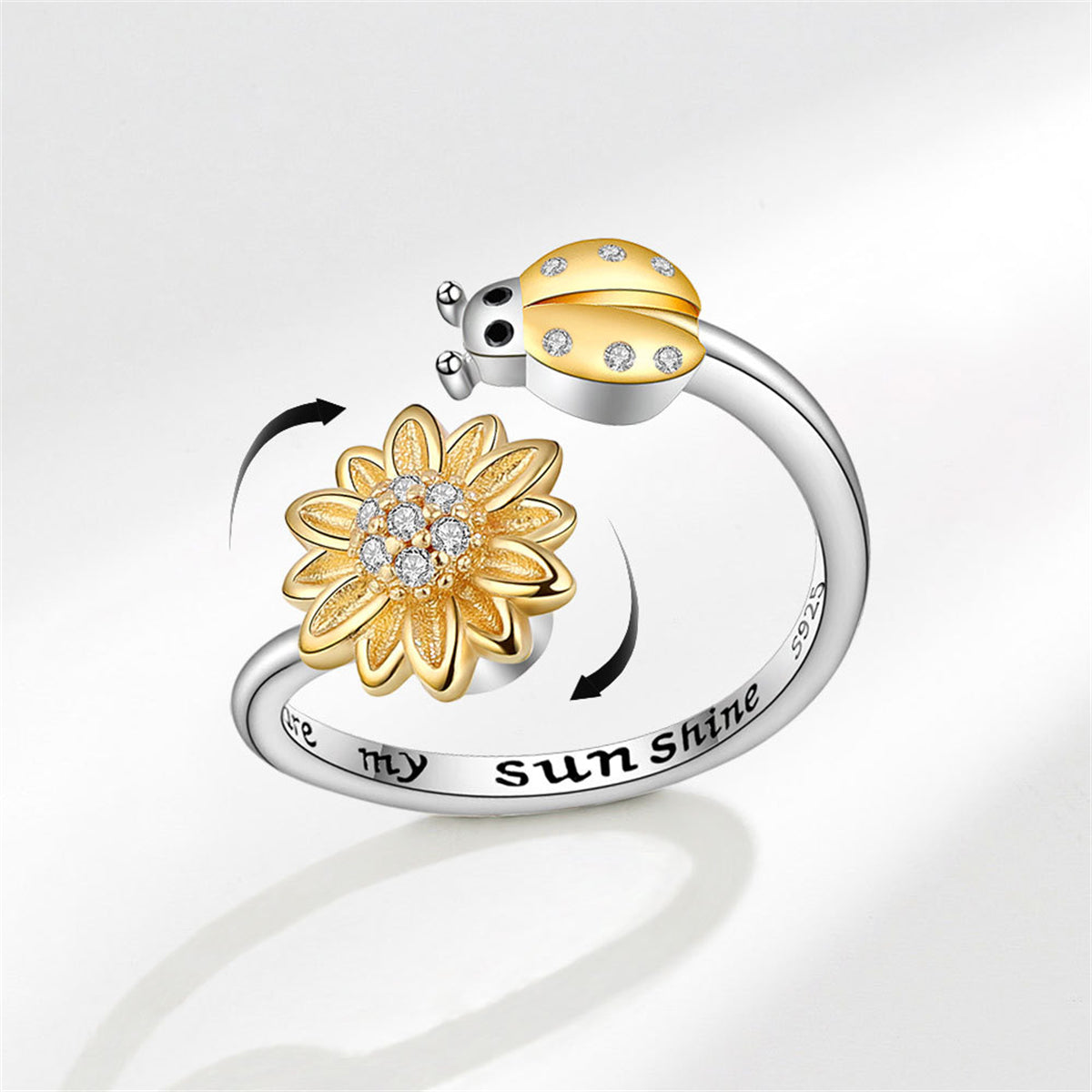 Cubic Zirconia and Two-Tone Rotating Ladybug Bypass Ring, statement rings for women, dainty minimalist design, front view