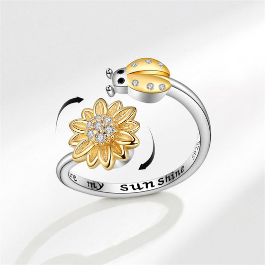 Cubic Zirconia and Two-Tone Rotating Ladybug Bypass Ring, statement rings for women, dainty minimalist design, front view