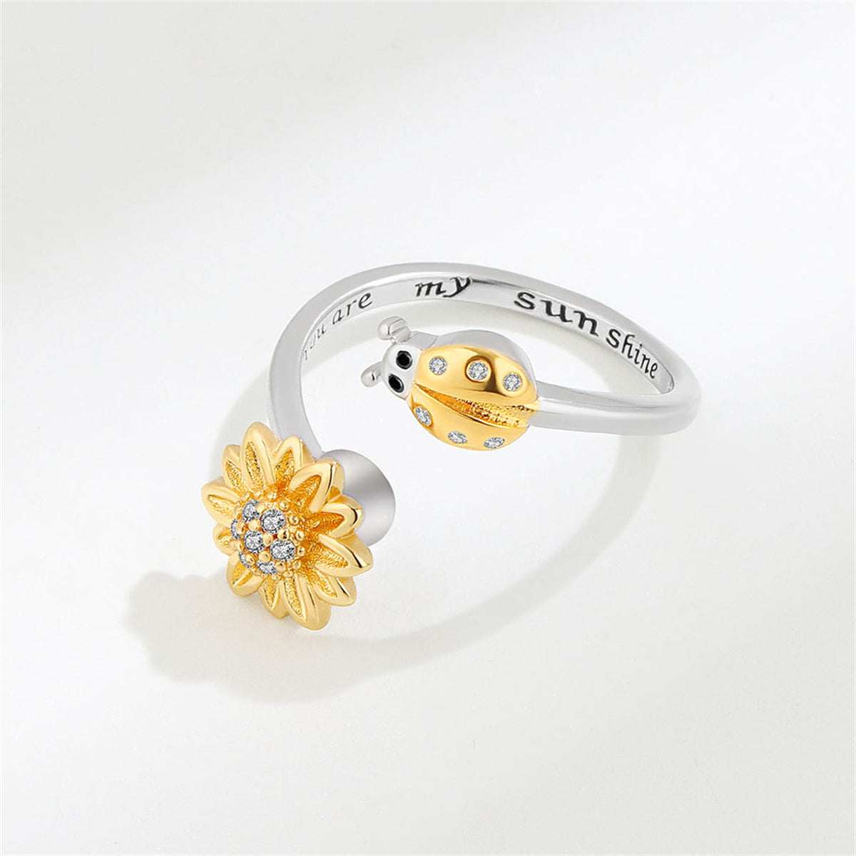 Cubic Zirconia and Two-Tone Rotating Ladybug Bypass Ring, statement rings for women, detail close-up
