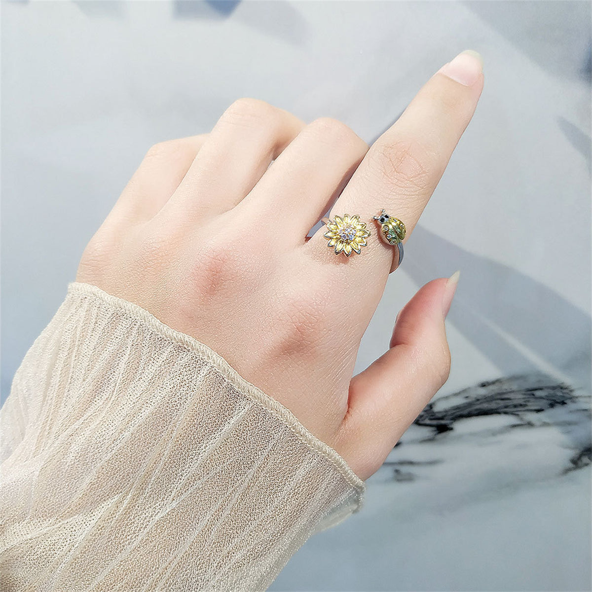 Cubic Zirconia and Two-Tone Rotating Ladybug Bypass Ring, statement rings for women, dainty minimalist design, styled look
