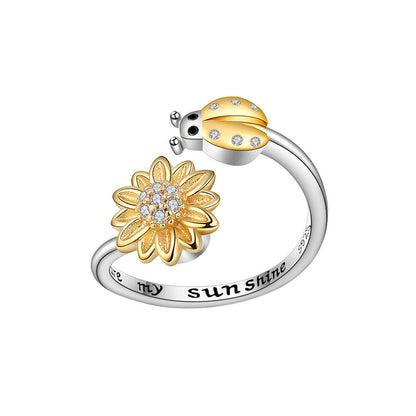 Cubic Zirconia and Two-Tone Rotating Ladybug Bypass Ring, statement rings for women, dainty minimalist design, side view