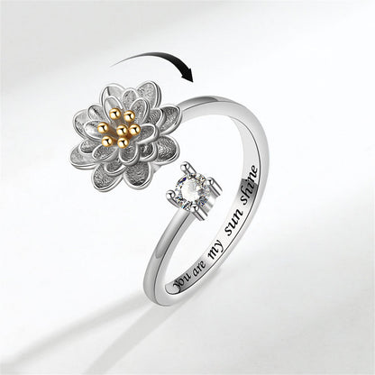 Cubic Zirconia and Two-Tone Rotating Lotus Bypass Ring, statement rings for women, elegant gift for her, front view