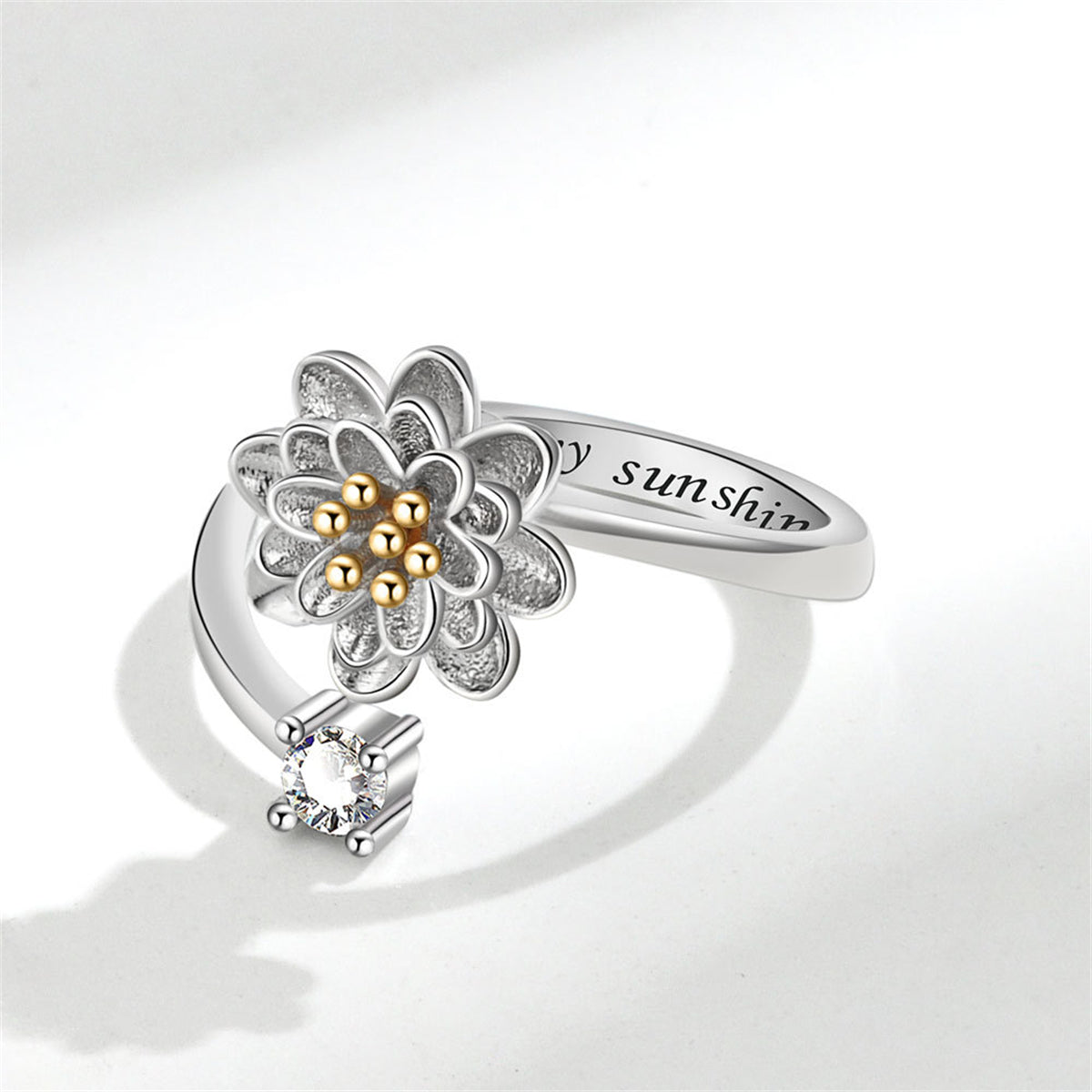 Cubic Zirconia and Two-Tone Rotating Lotus Bypass Ring, statement rings for women, elegant gift for her, detail close-up