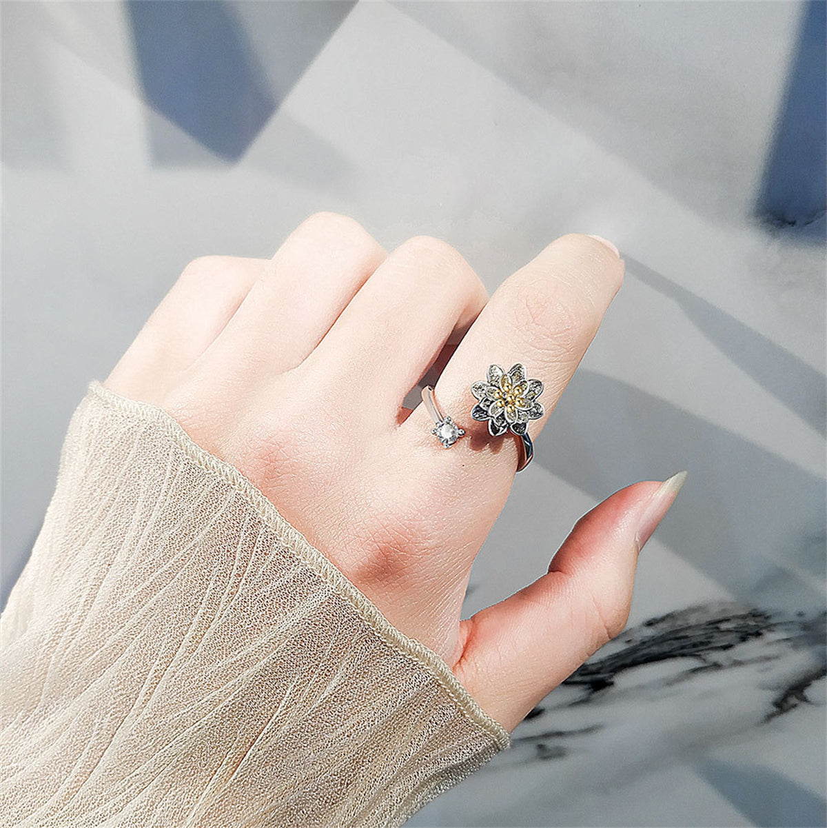 Cubic Zirconia and Two-Tone Rotating Lotus Bypass Ring, statement rings for women, elegant gift for her, lifestyle look
