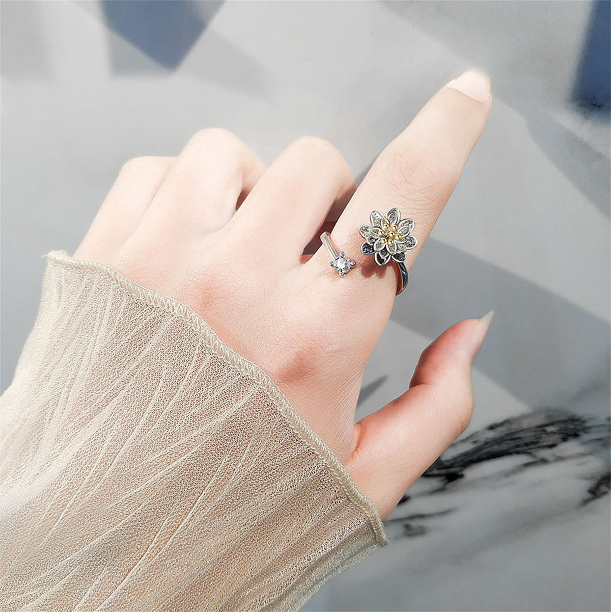 Cubic Zirconia and Two-Tone Rotating Lotus Bypass Ring, statement rings for women, elegant gift for her, styled look