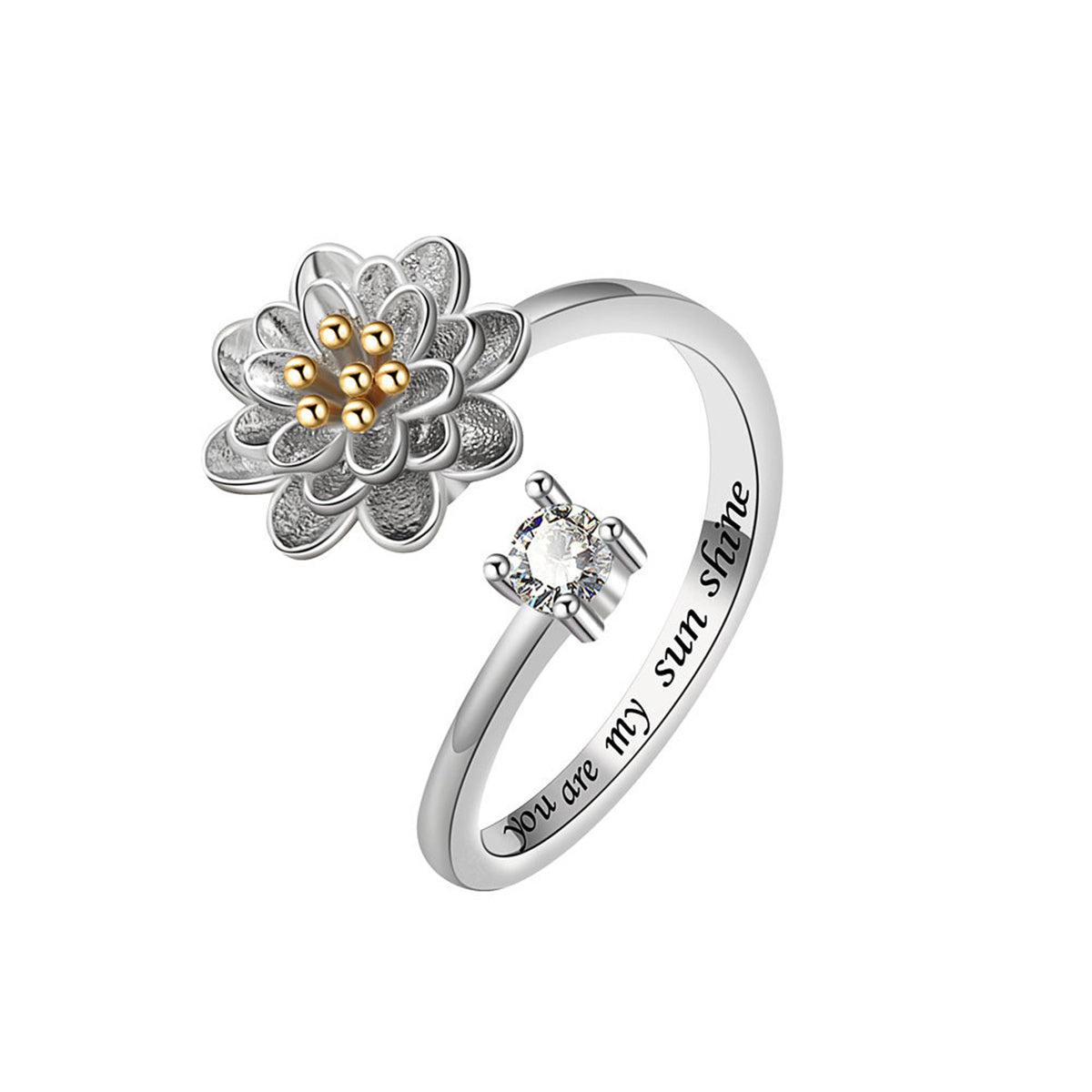 Cubic Zirconia and Two-Tone Rotating Lotus Bypass Ring, statement rings for women, elegant gift for her, side view