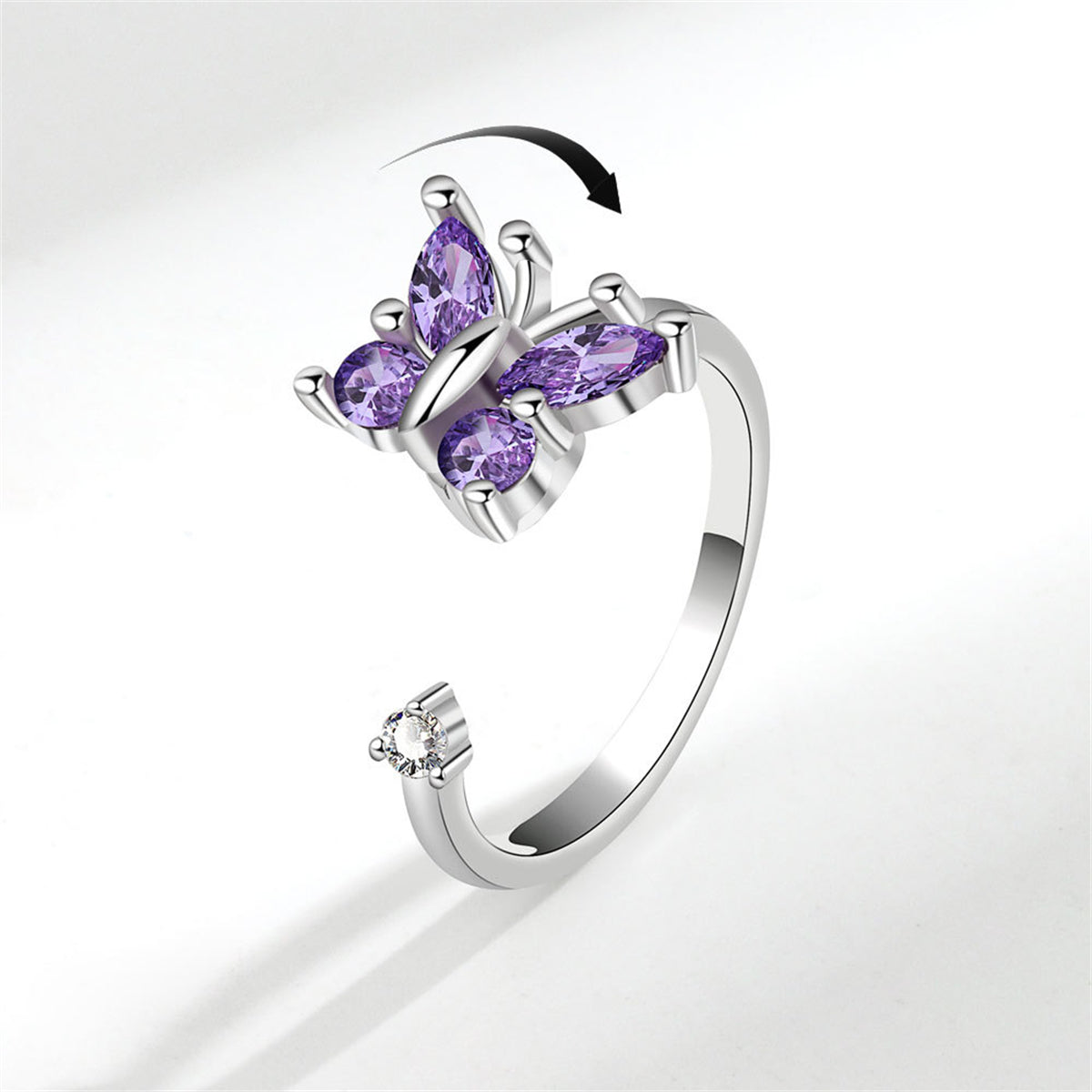 Purple Crystal and Cubic Zirconia Rotating Butterfly Open Ring, statement rings for women, everyday style, side view