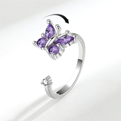 Purple Crystal and Cubic Zirconia Rotating Butterfly Open Ring, statement rings for women, everyday style, side view