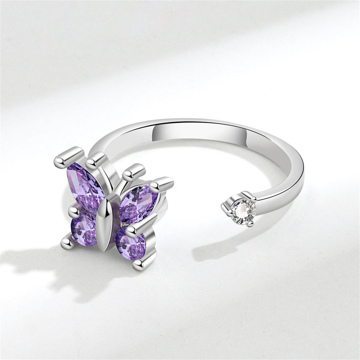Purple Crystal and Cubic Zirconia Rotating Butterfly Open Ring, statement rings for women, everyday style, detail close-up