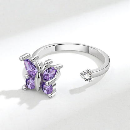 Purple Crystal and Cubic Zirconia Rotating Butterfly Open Ring, statement rings for women, everyday style, detail close-up