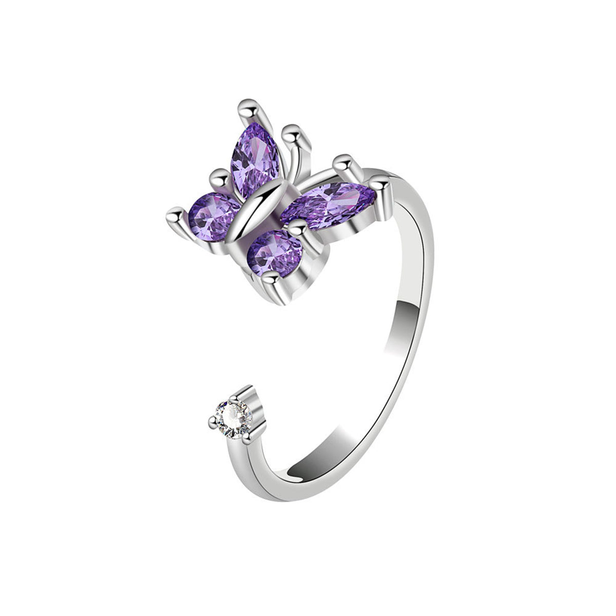 Purple Crystal and Cubic Zirconia Rotating Butterfly Open Ring, statement rings for women, everyday style, front view