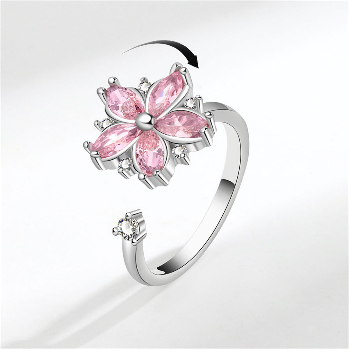 Pink Crystal and Cubic Zirconia Rotating Floral Ring, statement rings for women, dainty minimalist design, front view