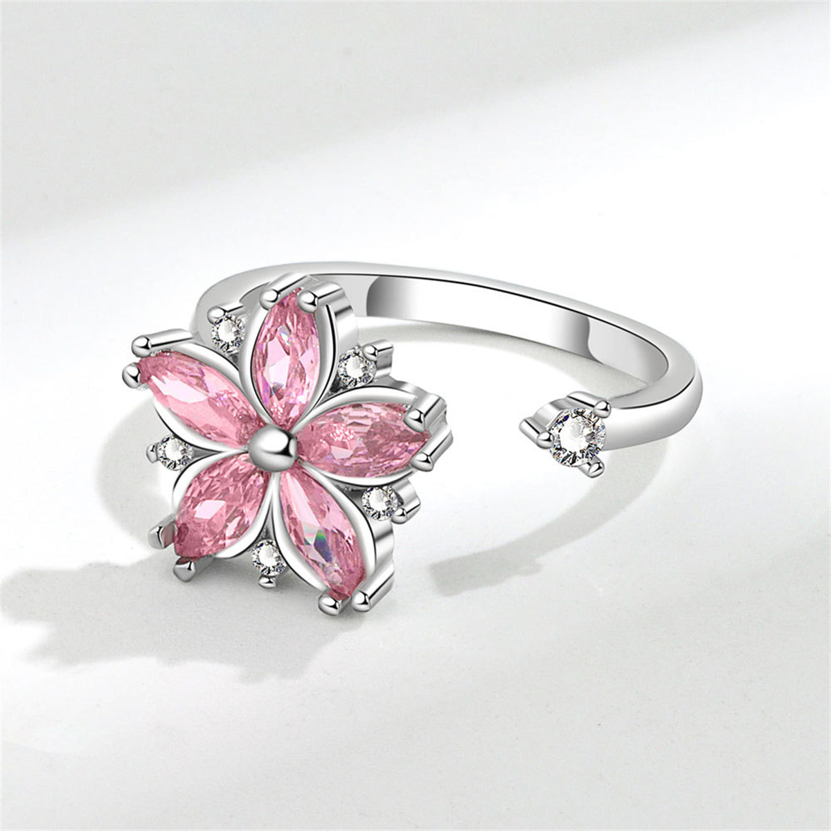 Pink Crystal and Cubic Zirconia Rotating Floral Ring, statement rings for women, dainty minimalist design, detail close-up