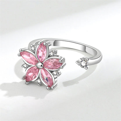 Pink Crystal and Cubic Zirconia Rotating Floral Ring, statement rings for women, dainty minimalist design, detail close-up