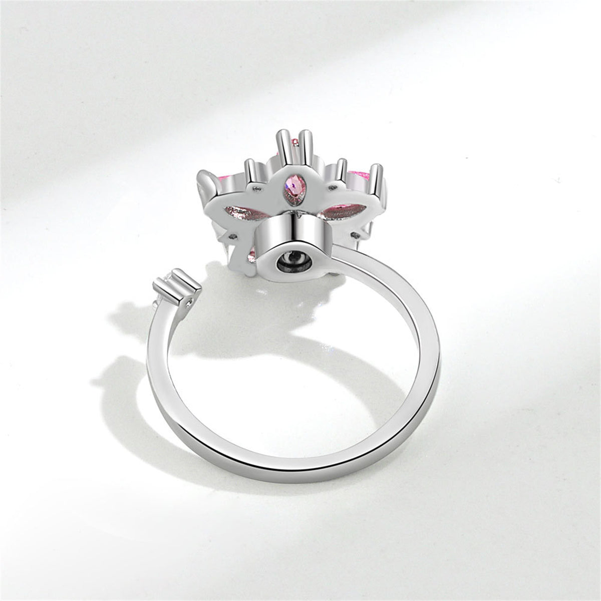 Pink Crystal and Cubic Zirconia Rotating Floral Ring, statement rings for women, dainty minimalist design, lifestyle look