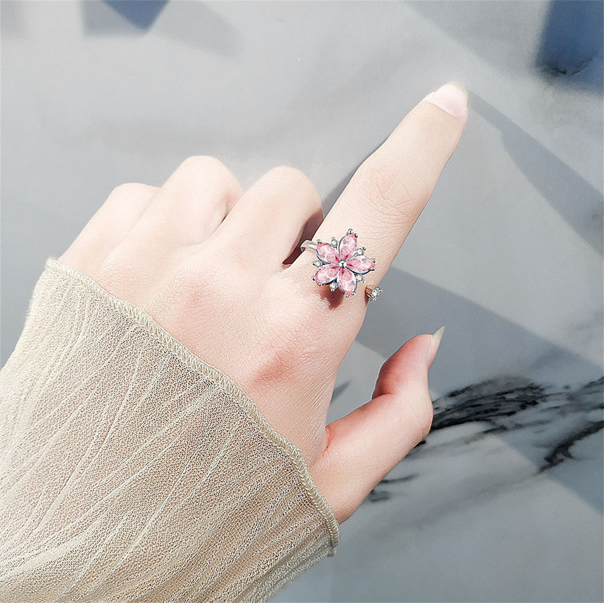 Pink Crystal and Cubic Zirconia Rotating Floral Ring, statement rings for women, dainty minimalist design, styled look