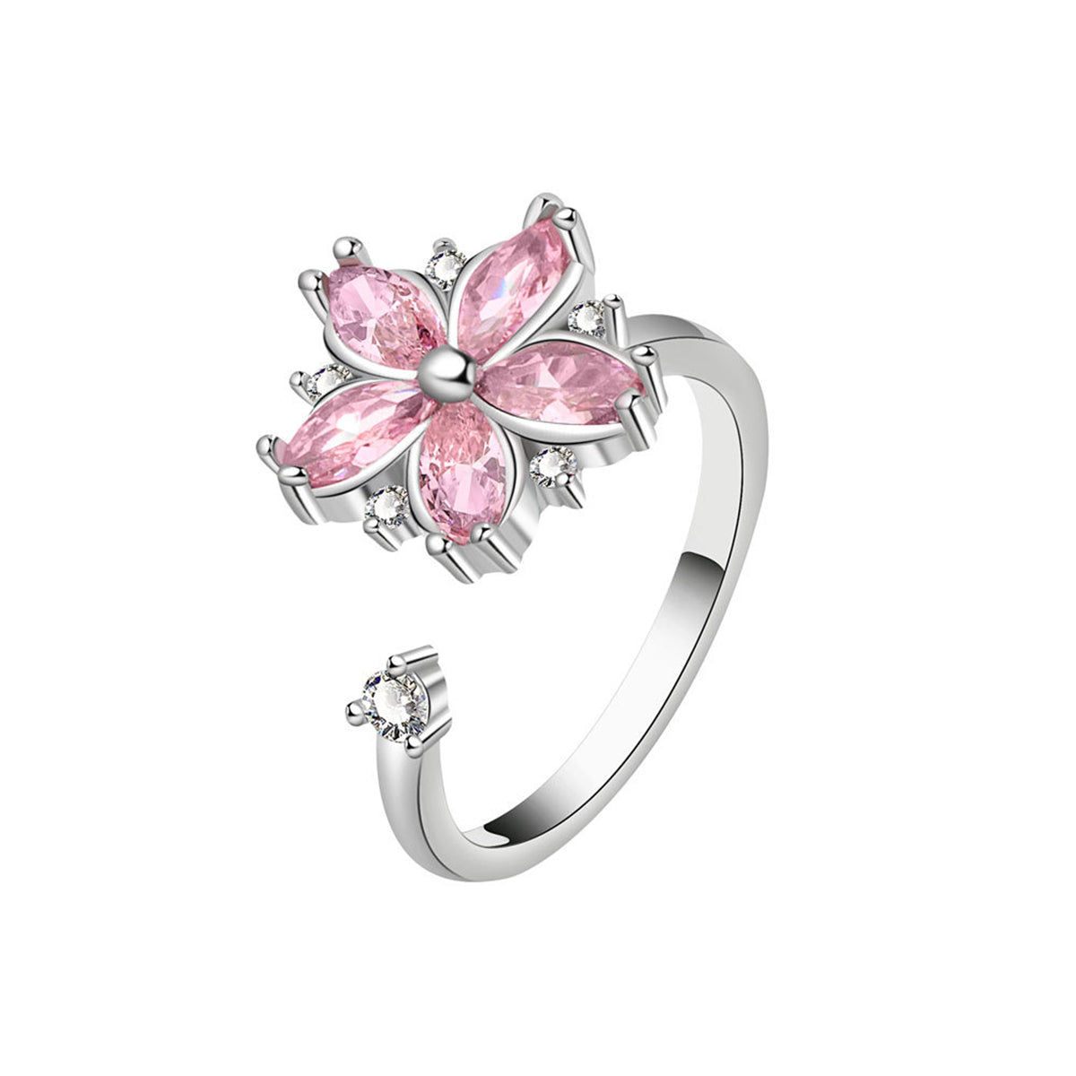 Pink Crystal and Cubic Zirconia Rotating Floral Ring, statement rings for women, dainty minimalist design, side view