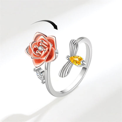 Yellow Crystal and Two-Tone Rotating Rose and Bee Bypass Ring, statement rings for women, detail close-up