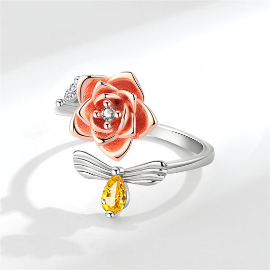 Yellow Crystal and Two-Tone Rotating Rose and Bee Bypass Ring, statement rings for women, front view