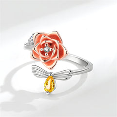 Yellow Crystal & Two-Tone Rotating Rose & Bee Bypass Ring