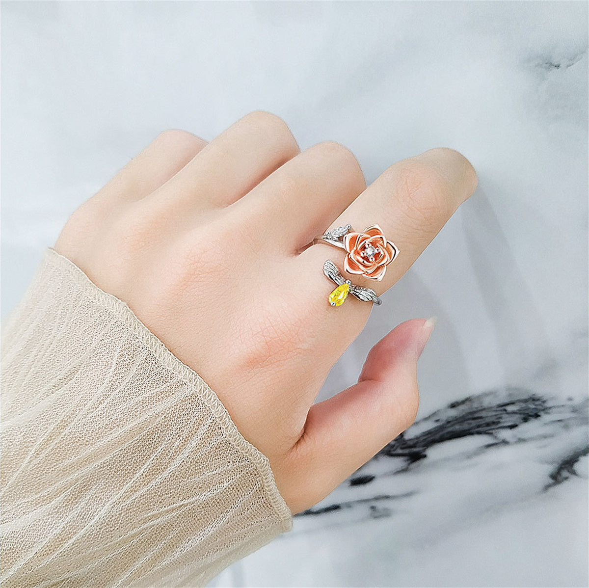 Yellow Crystal and Two-Tone Rotating Rose and Bee Bypass Ring, statement rings for women, lifestyle look