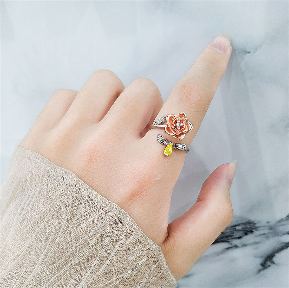 Yellow Crystal & Two-Tone Rotating Rose & Bee Bypass Ring