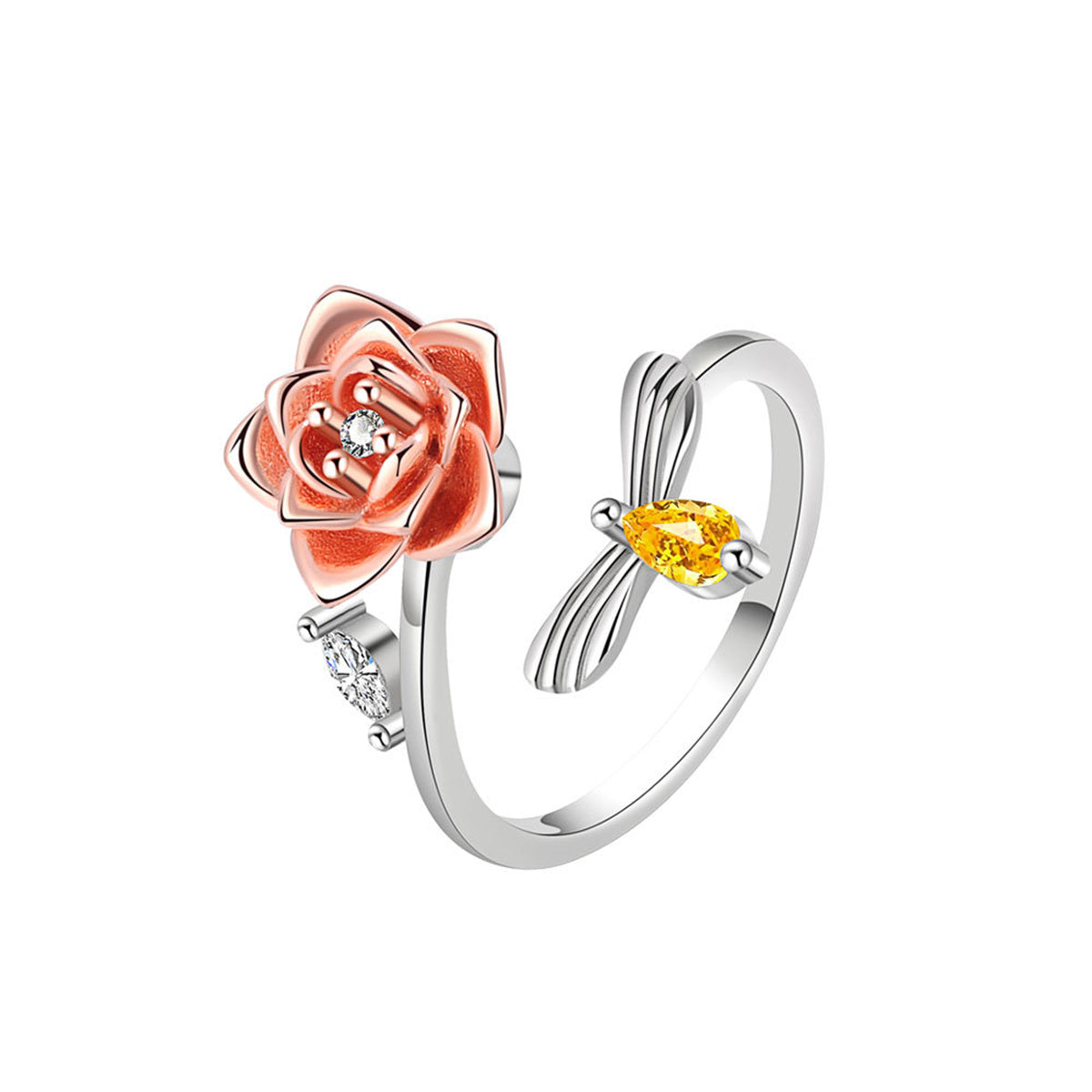 Yellow Crystal and Two-Tone Rotating Rose and Bee Bypass Ring, statement rings for women, dainty minimalist design, side view