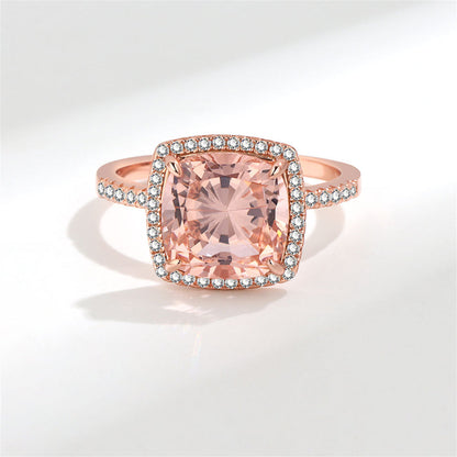 Champagne Crystal and Cubic Zirconia Square Halo Ring, statement rings for women, everyday style, detail close-up