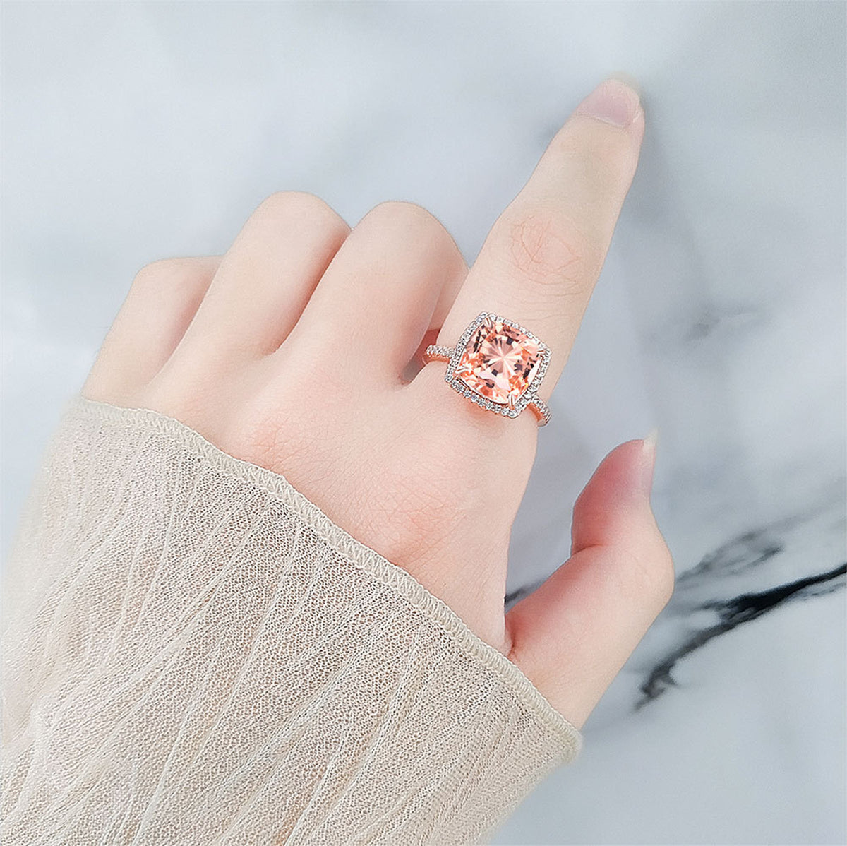 Champagne Crystal and Cubic Zirconia Square Halo Ring, statement rings for women, everyday style, lifestyle look