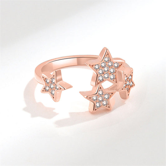 Cubic Zirconia and 18K Rose Gold-Plated Star Cluster Open Ring, rose gold statement rings for women, front view