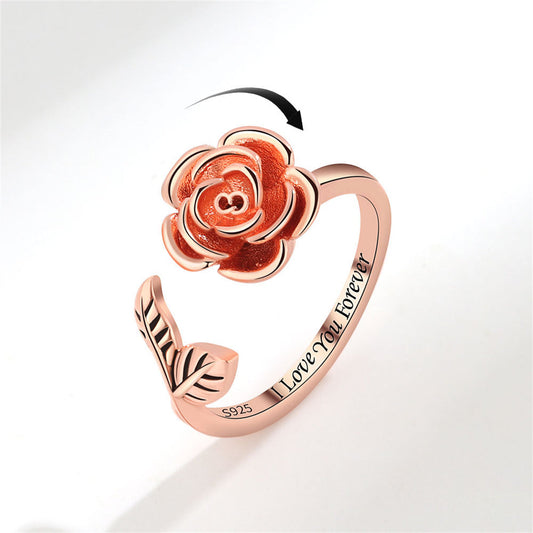 18K Rose Gold-Plated 'I Love You Forever' Rose Open Ring, rose gold statement rings for women, everyday style, front view