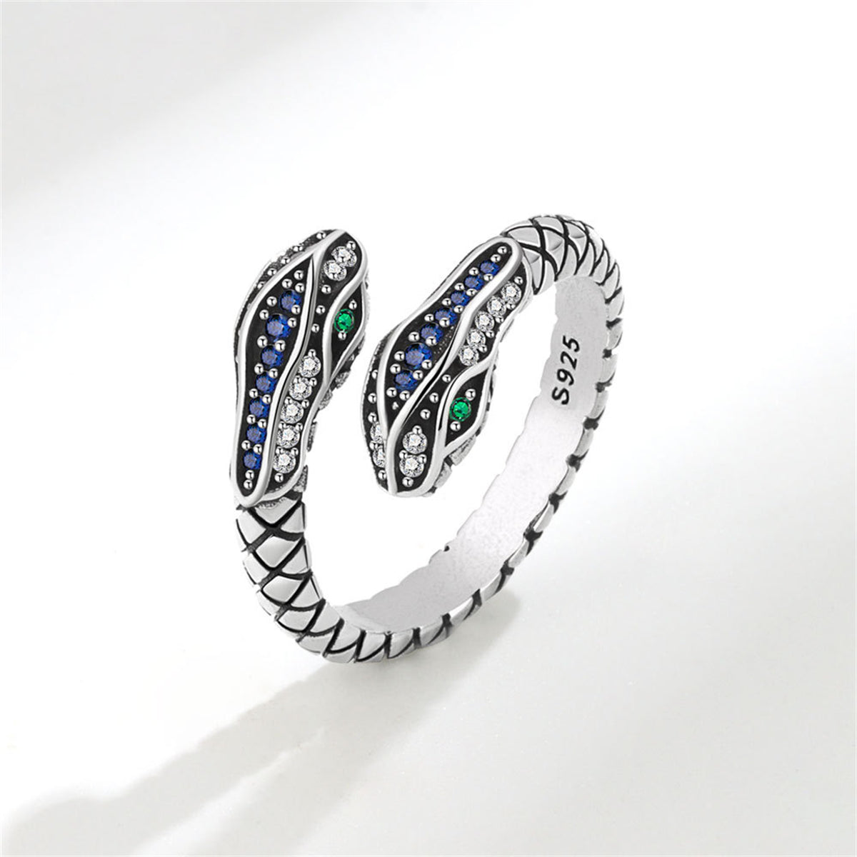 Blue Cubic Zirconia and Silver-Plated Snake Bypass Ring, silver statement rings for women, everyday style, front view