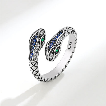 Blue Cubic Zirconia and Silver-Plated Snake Bypass Ring, silver statement rings for women, everyday style, front view