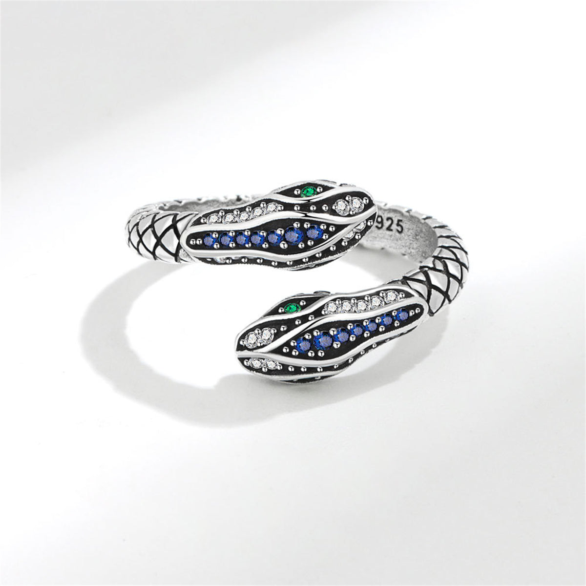Blue Cubic Zirconia and Silver-Plated Snake Bypass Ring, silver statement rings for women, everyday style, detail close-up