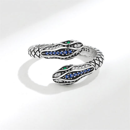 Blue Cubic Zirconia and Silver-Plated Snake Bypass Ring, silver statement rings for women, everyday style, detail close-up