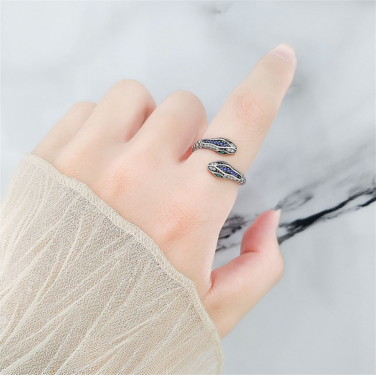 Blue Cubic Zirconia and Silver-Plated Snake Bypass Ring, silver statement rings for women, everyday style, lifestyle look