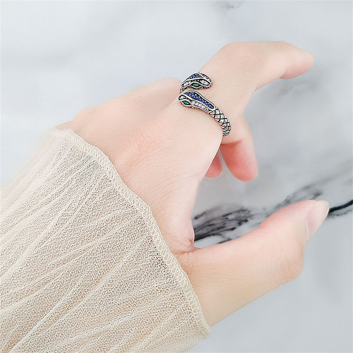 Blue Cubic Zirconia and Silver-Plated Snake Bypass Ring, silver statement rings for women, everyday style, styled look