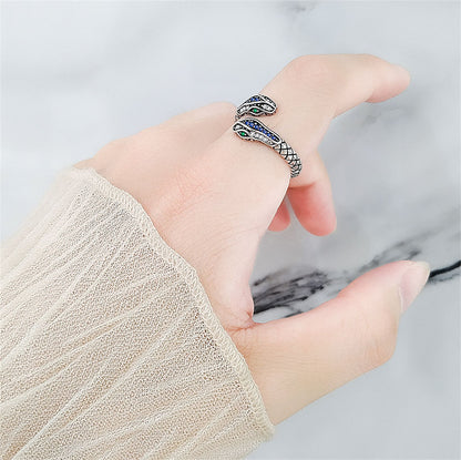 Blue Cubic Zirconia and Silver-Plated Snake Bypass Ring, silver statement rings for women, everyday style, styled look