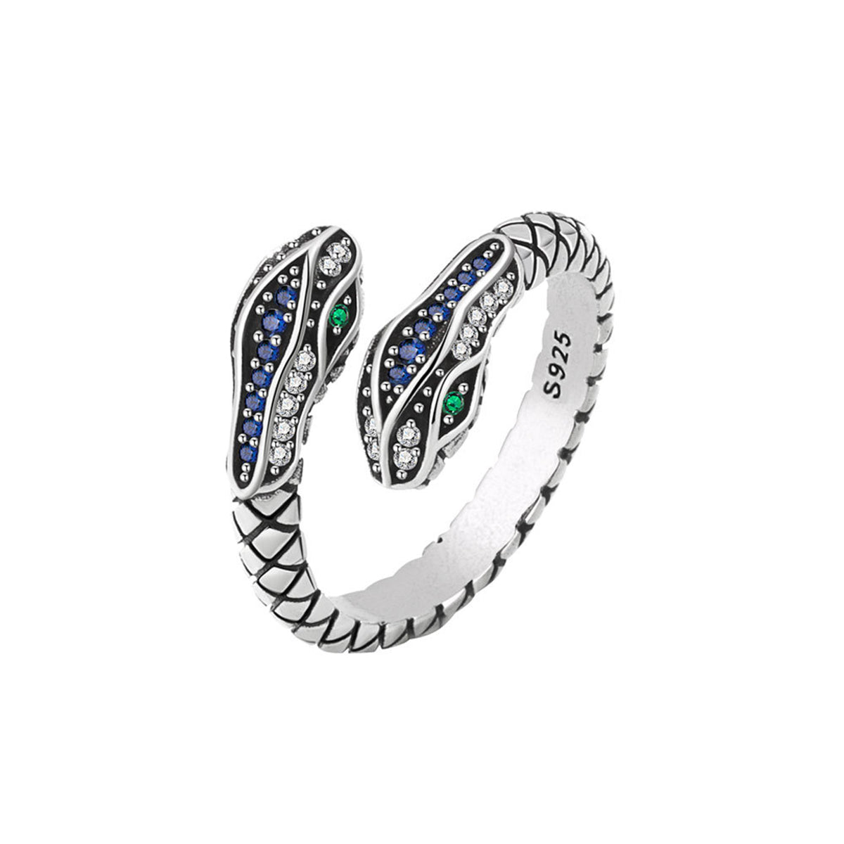 Blue Cubic Zirconia and Silver-Plated Snake Bypass Ring, silver statement rings for women, everyday style, side view