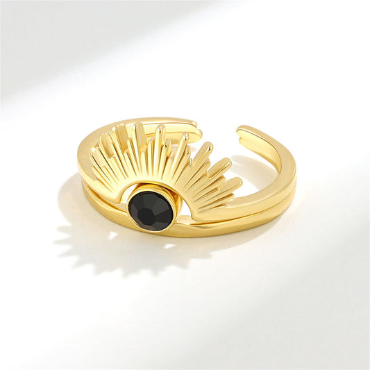 Black Cubic Zirconia and 18K Gold-Plated Open Sun Ring Set, jewelry gift sets for women, vintage-inspired design, front view