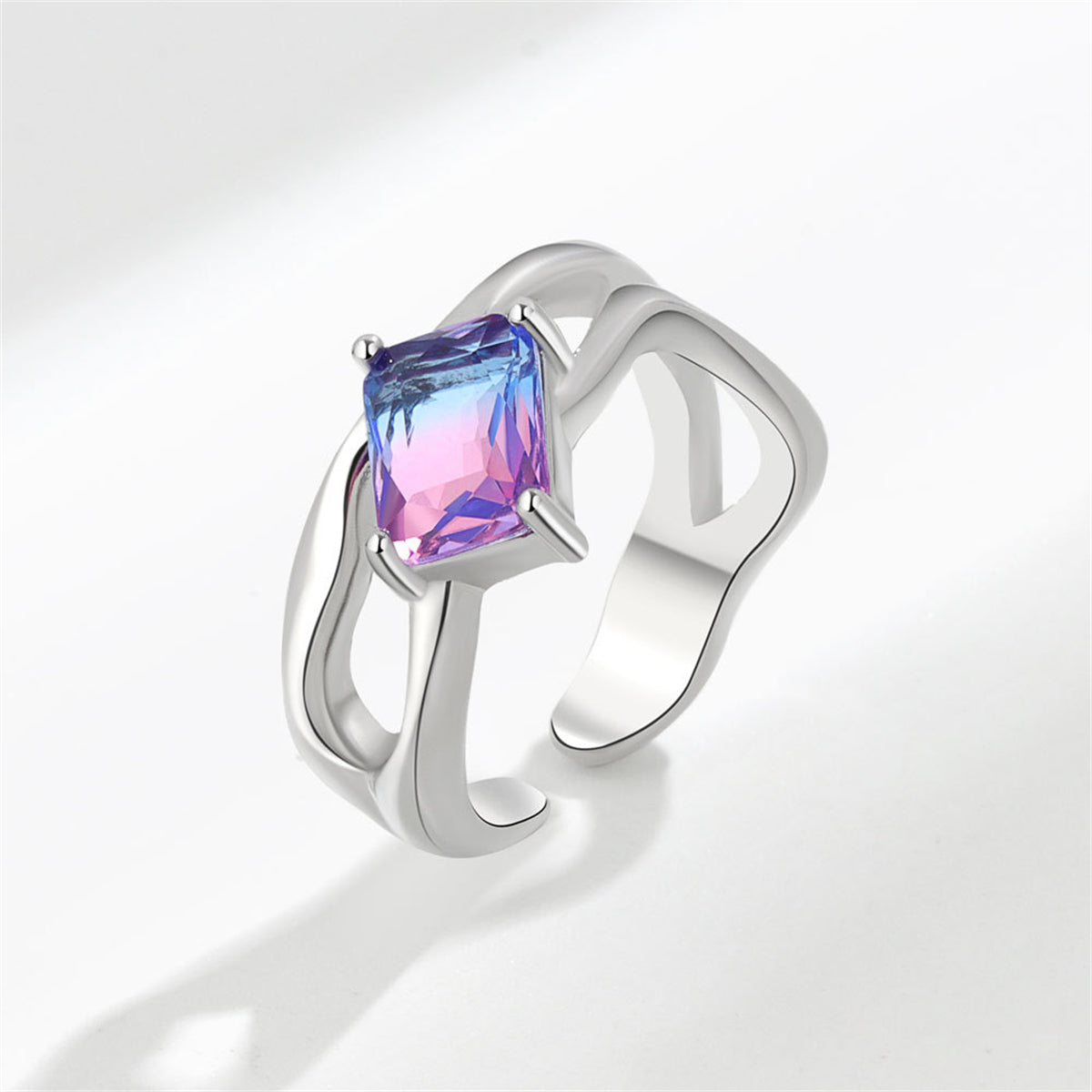 Blue Crystal and Silver-Plated Rectangle Open Ring, silver statement rings for women, vintage-inspired design, front view