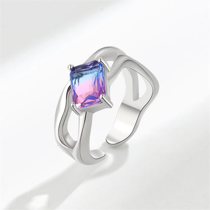 Blue Crystal and Silver-Plated Rectangle Open Ring, silver statement rings for women, vintage-inspired design, front view
